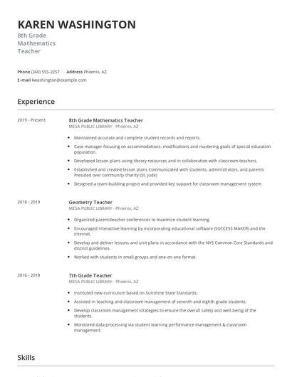 8th Grade Mathematics Teacher Resume