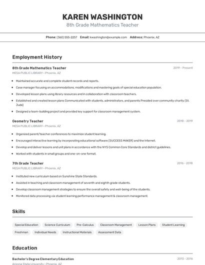 8th Grade Mathematics Teacher Resume