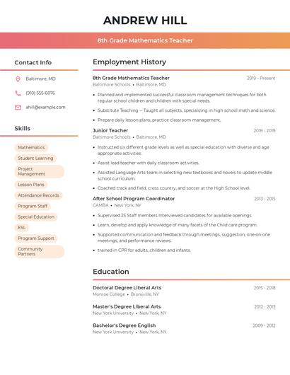 8th Grade Mathematics Teacher Resume