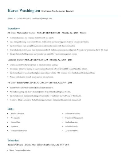 8th Grade Mathematics Teacher Resume