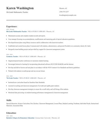 8th Grade Mathematics Teacher Resume