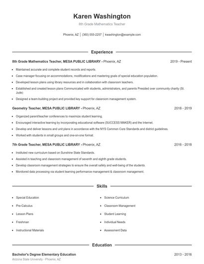 8th Grade Mathematics Teacher Resume