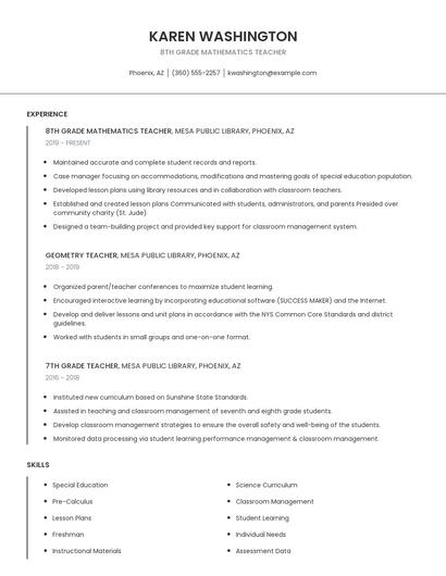 8th Grade Mathematics Teacher Resume