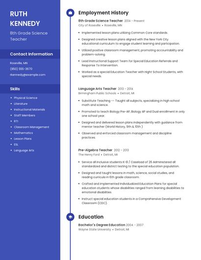 8th Grade Science Teacher Resume