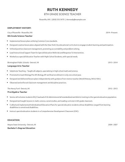 8th Grade Science Teacher Resume