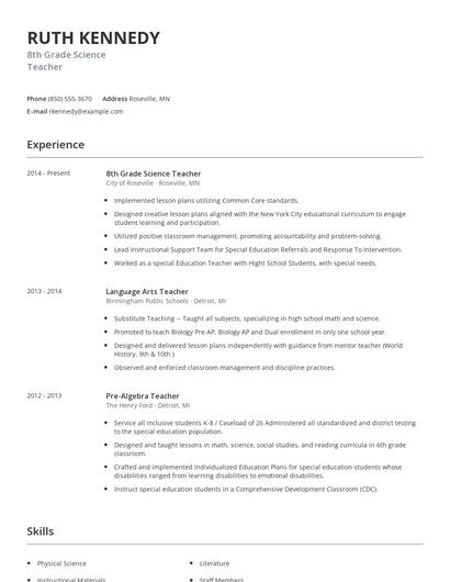 8th Grade Science Teacher Resume