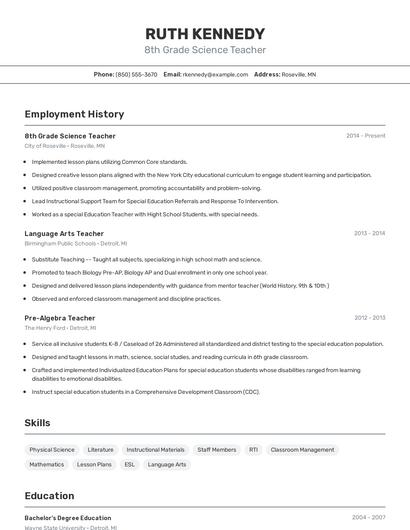 8th Grade Science Teacher Resume