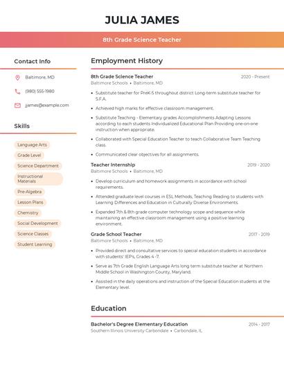 8th Grade Science Teacher Resume