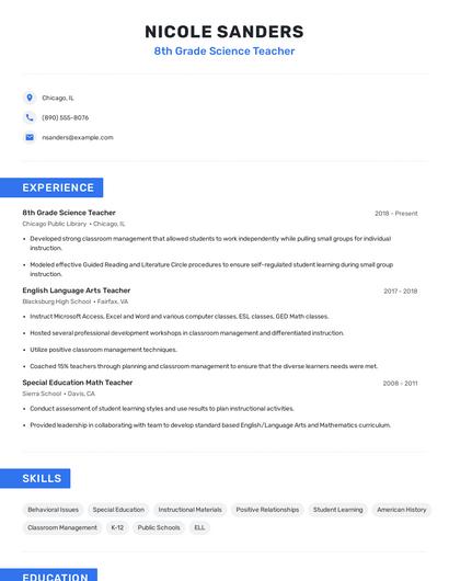 8th Grade Science Teacher Resume