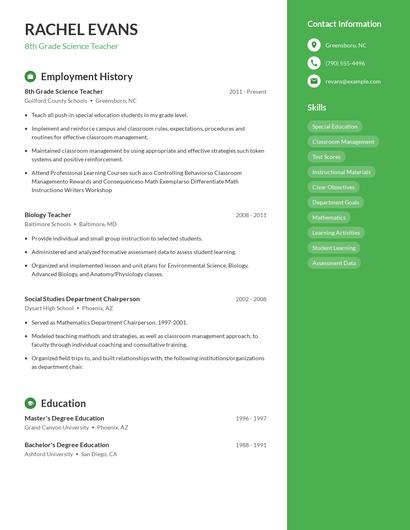 8th Grade Science Teacher Resume