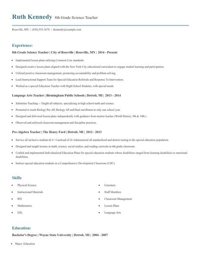 8th Grade Science Teacher Resume