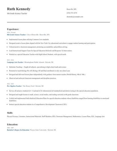 8th Grade Science Teacher Resume