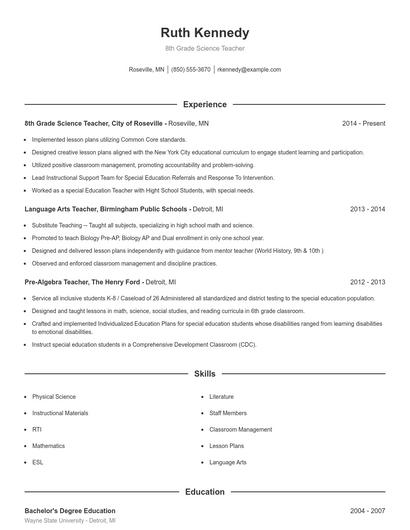 8th Grade Science Teacher Resume
