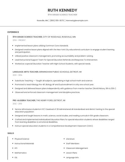 8th Grade Science Teacher Resume