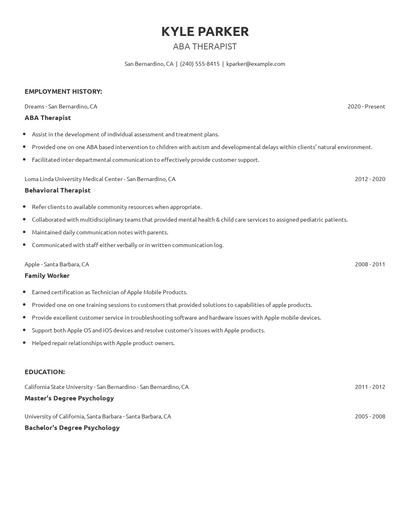 ABA Therapist Resume