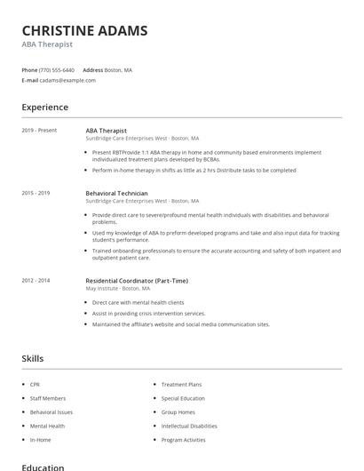 ABA Therapist Resume