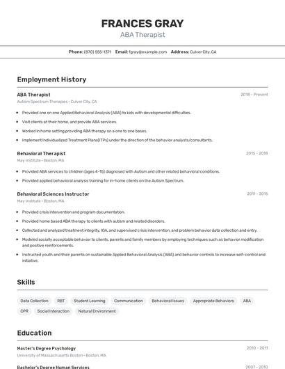 ABA Therapist Resume