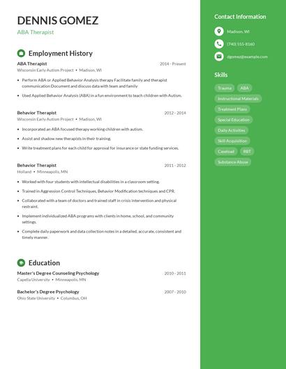 ABA Therapist Resume