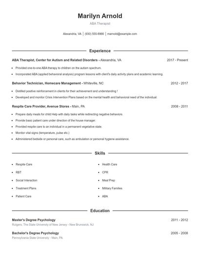 ABA Therapist Resume