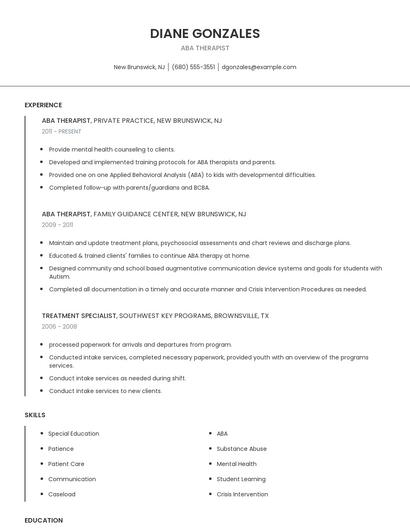 ABA Therapist Resume