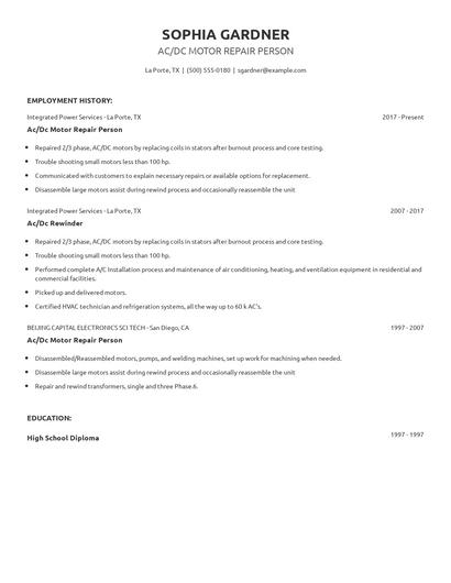 Ac/Dc Motor Repair Person Resume