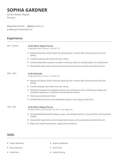 Ac/Dc Motor Repair Person Resume