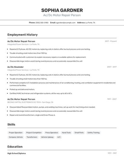 Ac/Dc Motor Repair Person Resume