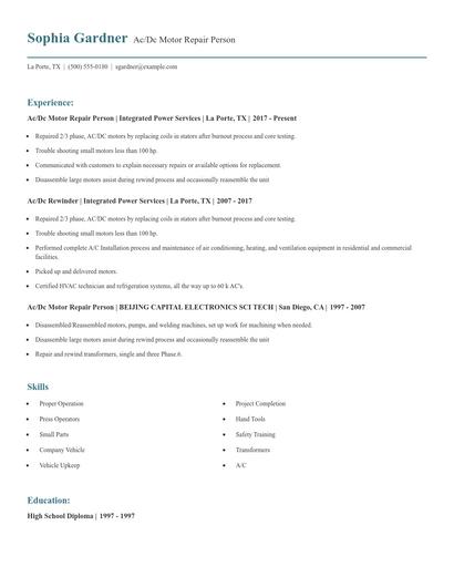 Ac/Dc Motor Repair Person Resume