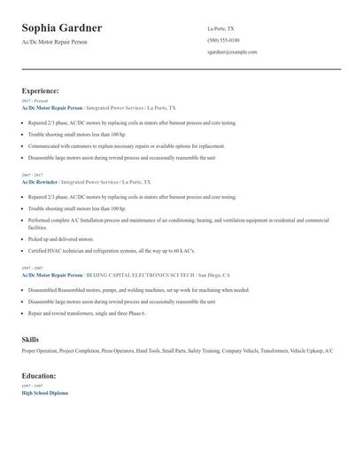 Ac/Dc Motor Repair Person Resume