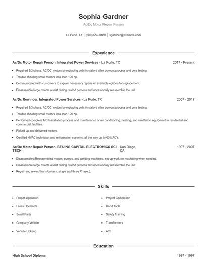 Ac/Dc Motor Repair Person Resume