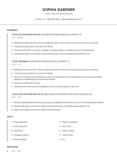 Ac/Dc Motor Repair Person Resume