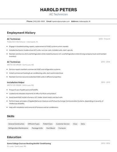 AC Technician Resume