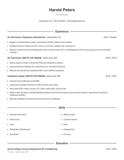 AC Technician Resume