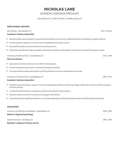 Academic Guidance Specialist Resume