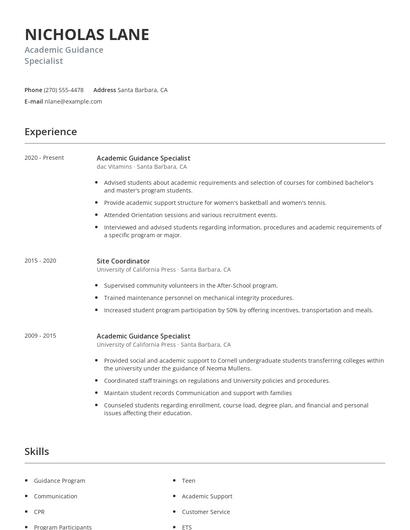 Academic Guidance Specialist Resume