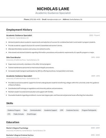 Academic Guidance Specialist Resume
