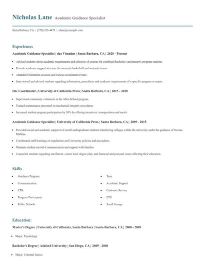 Academic Guidance Specialist Resume