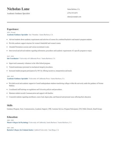 Academic Guidance Specialist Resume