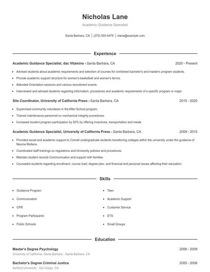 Academic Guidance Specialist Resume