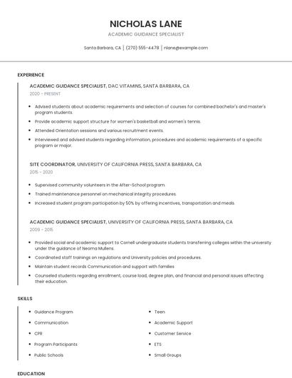 Academic Guidance Specialist Resume