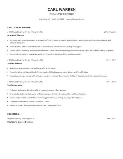 Academic Mentor Resume