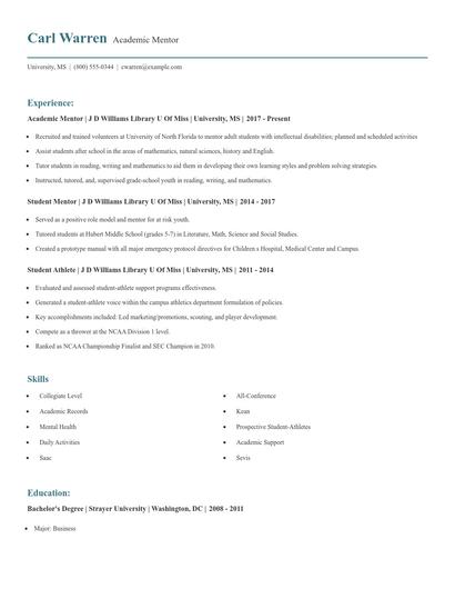 Academic Mentor Resume