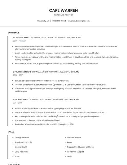 Academic Mentor Resume