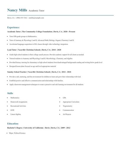 Academic Tutor Resume