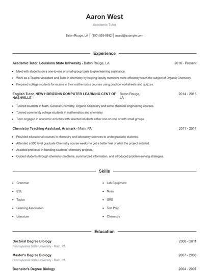 Academic Tutor Resume