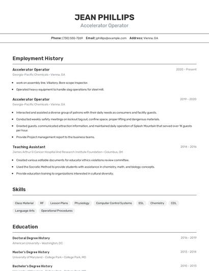 Accelerator Operator Resume