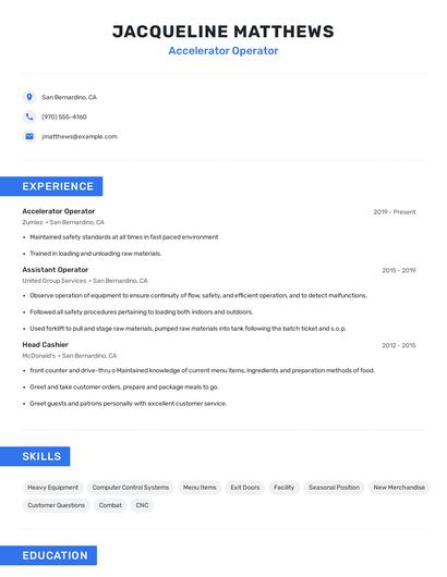 Accelerator Operator Resume