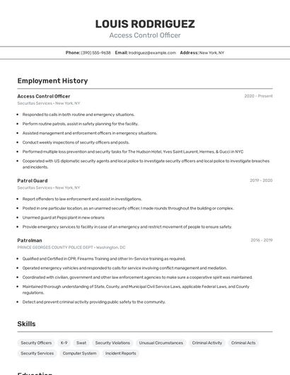 Access Control Officer Resume