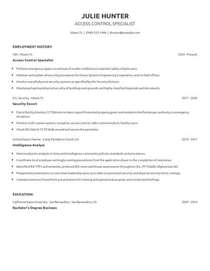 Access Control Specialist Resume