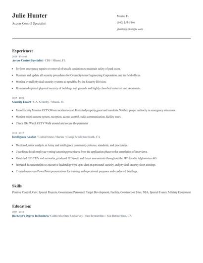 Access Control Specialist Resume